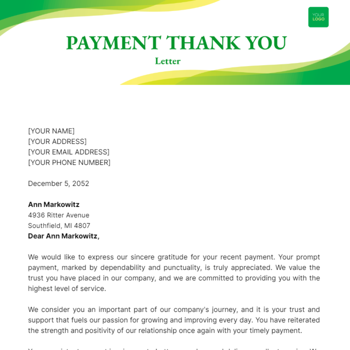 Payment Thank You Letter Template