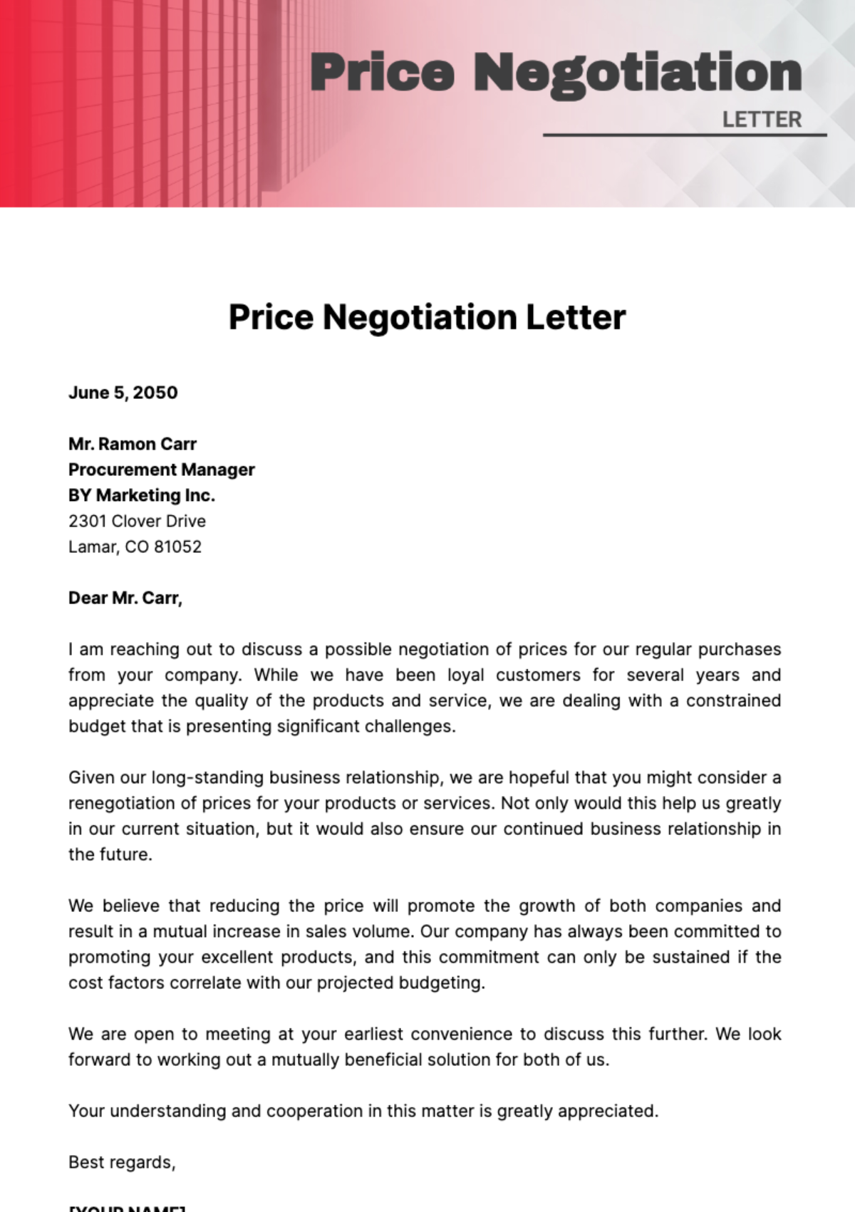 Price Negotiation Letter Template