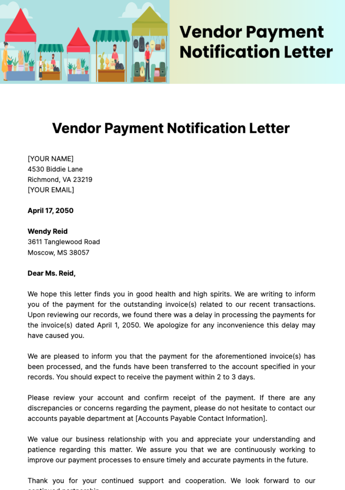 Vendor Payment Notification Letter Template