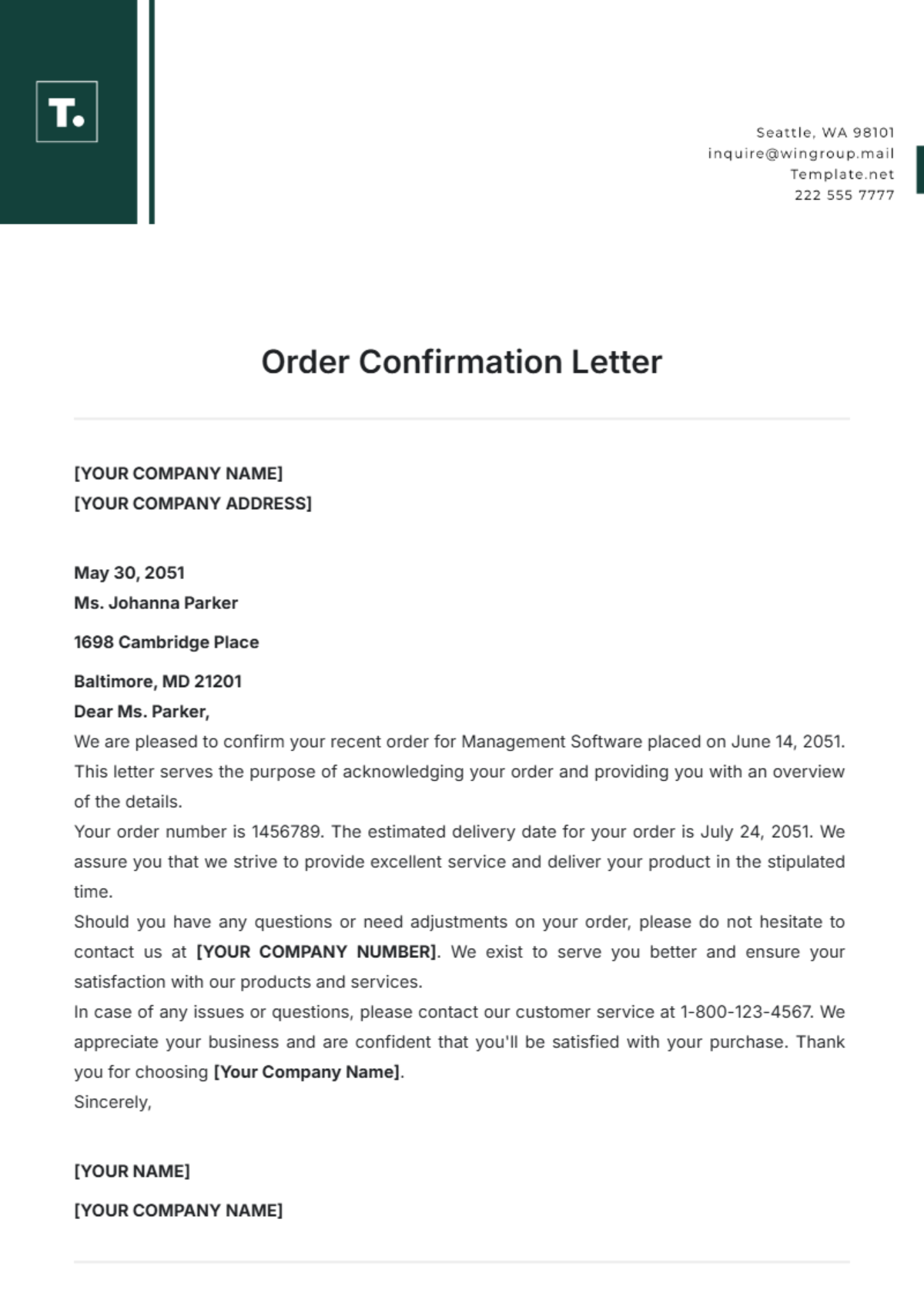 Order Confirmation Letter Template - Edit Online & Download