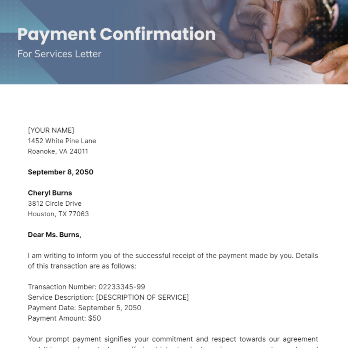 Payment Confirmation for Services Letter Template