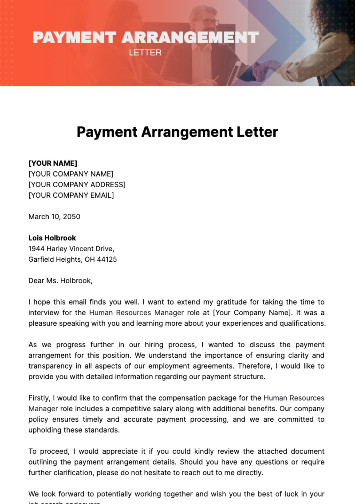 Payment Arrangement Letter Template