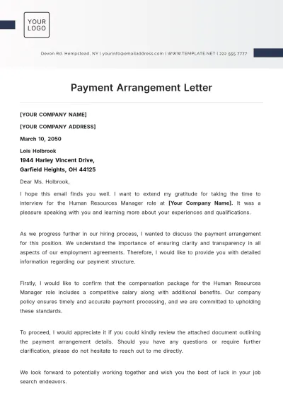 Free Payment Arrangement Letter Template to Edit Online