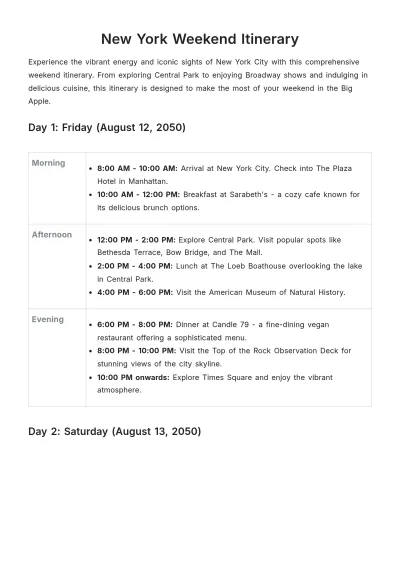 Free New York Weekend Itinerary Template to Edit Online