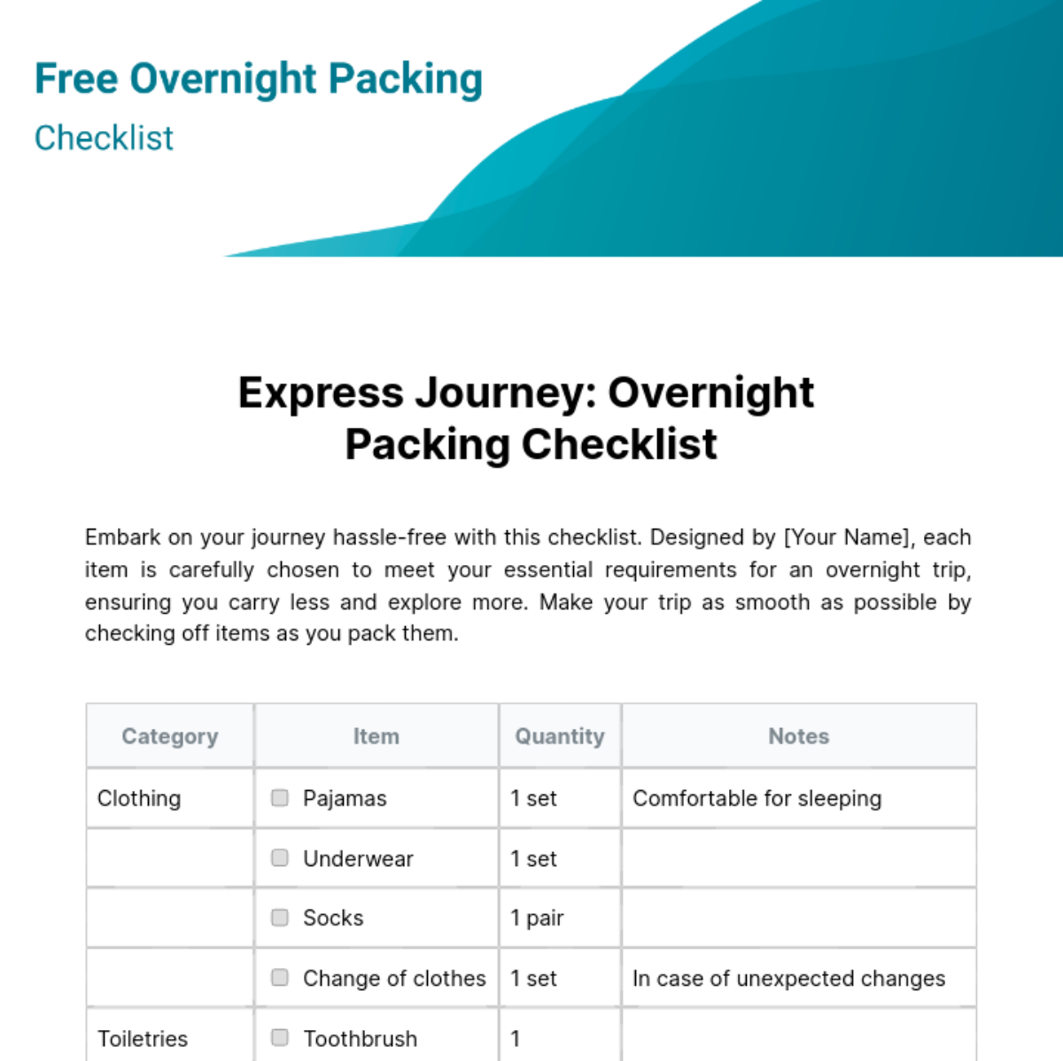 Overnight Packing Checklist Template
