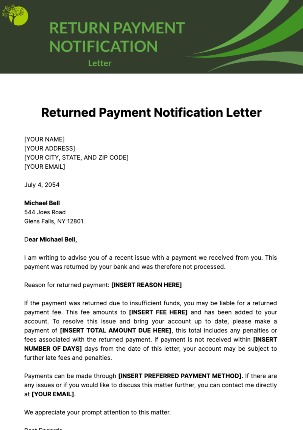 Returned Payment Notification Letter Template