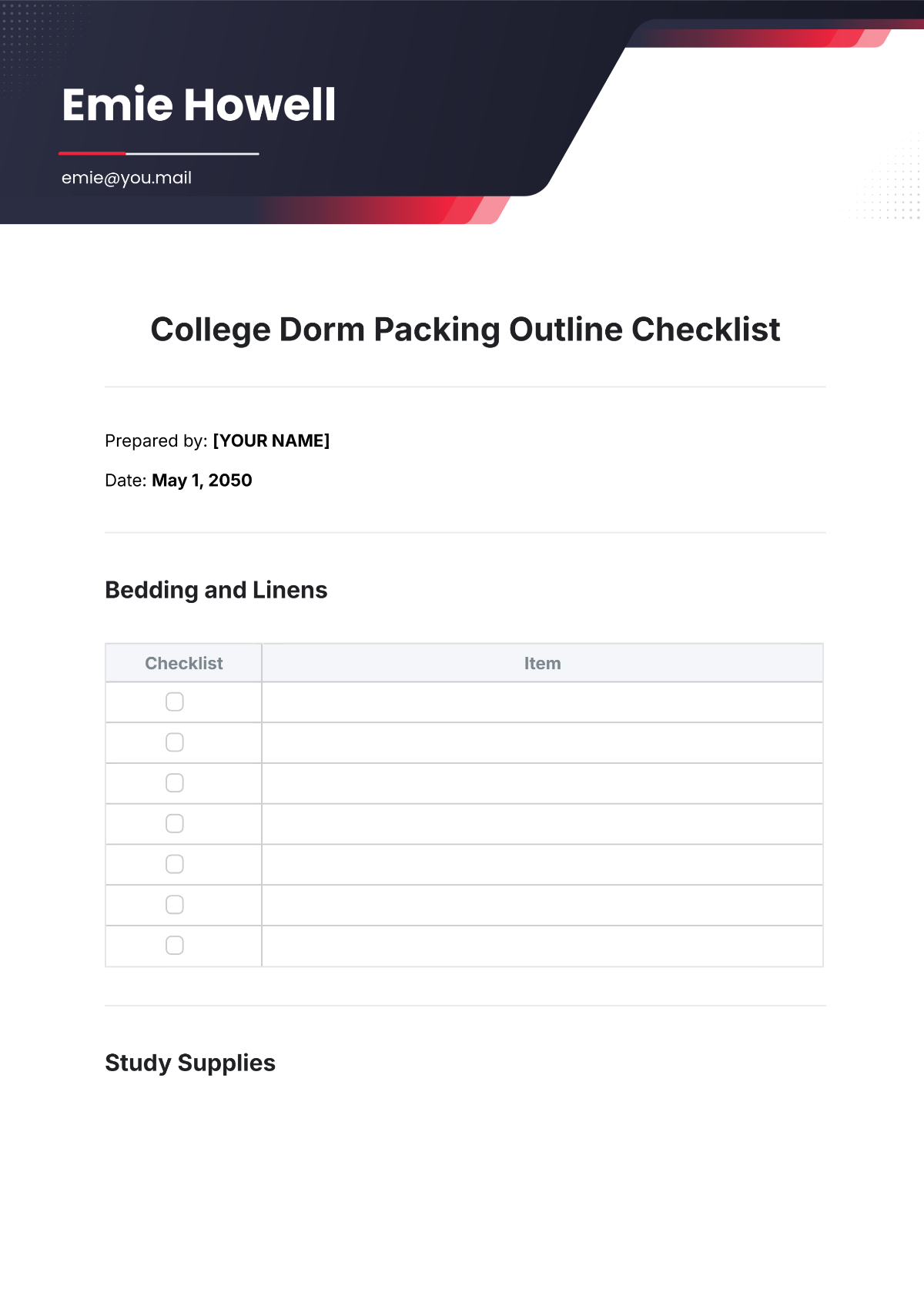 College Dorm Packing Outline Checklist Template - Edit Online & Download