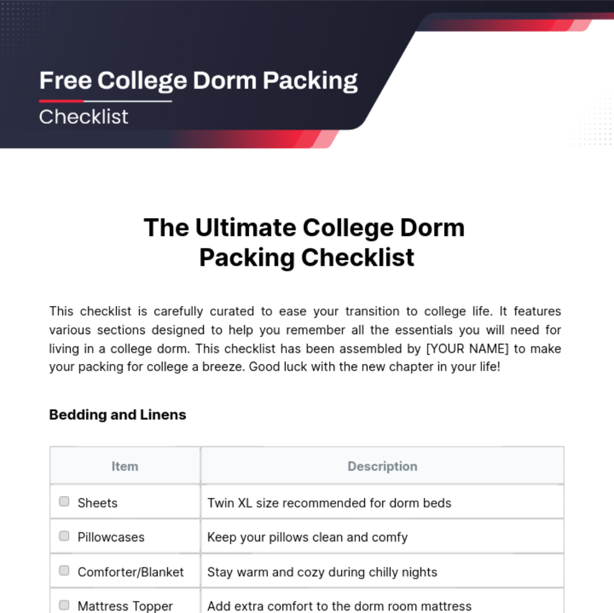 College Dorm Packing Checklist Template