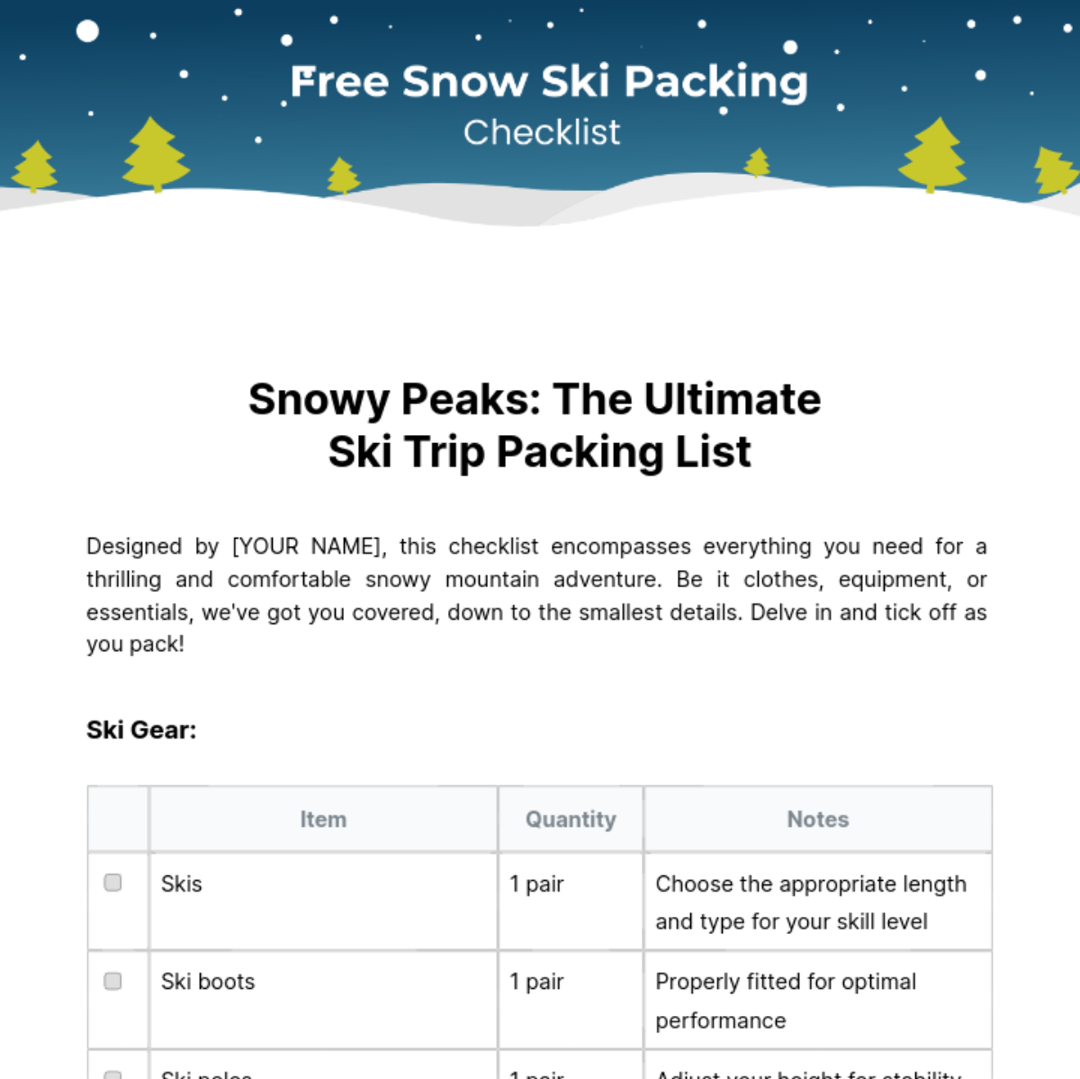 Snow Ski Packing Checklist Template