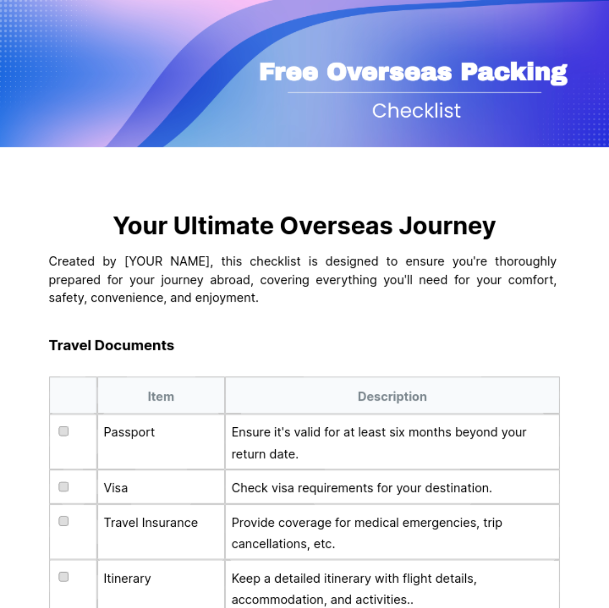 Overseas Packing Checklist Template