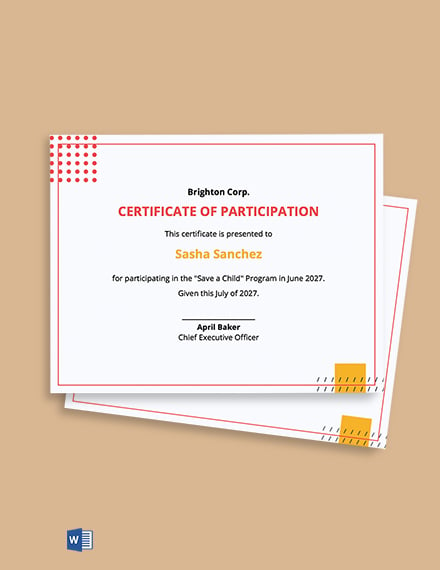 Program Participation Certificate Template - Google Docs, Word