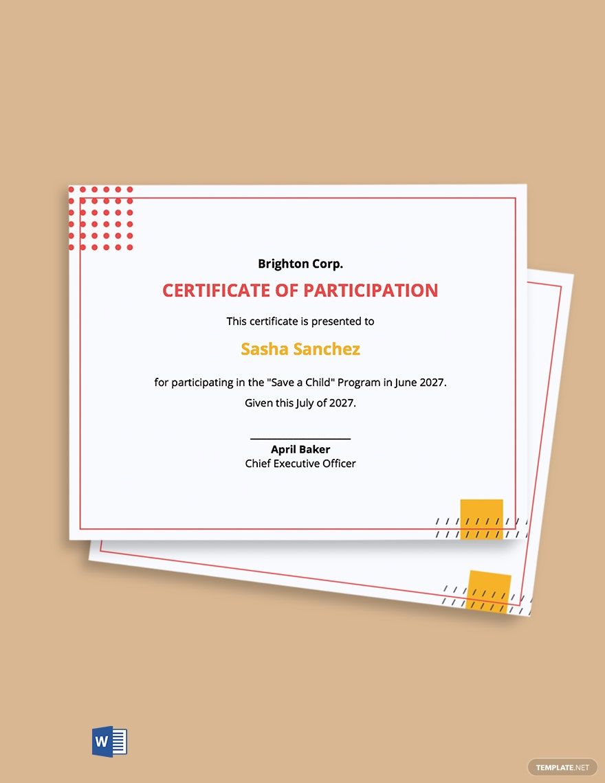 Program Participation Certificate Template in Word, Google Docs, Google Docs, Apple Pages, Publisher