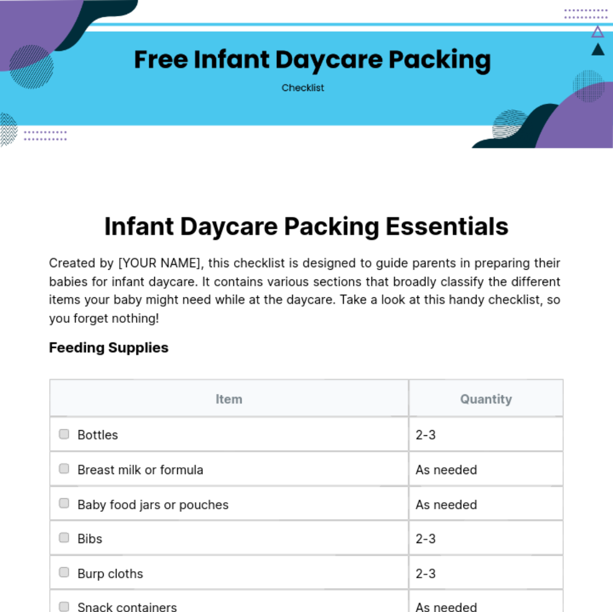 Infant Daycare Packing Checklist Template