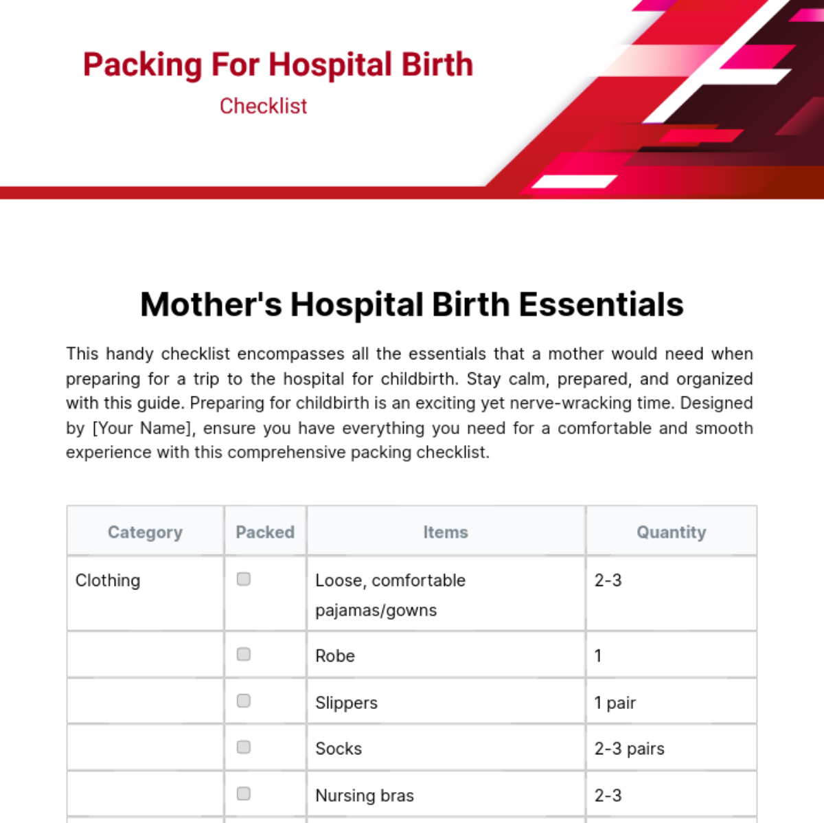 Packing For Hospital Birth Checklist Template