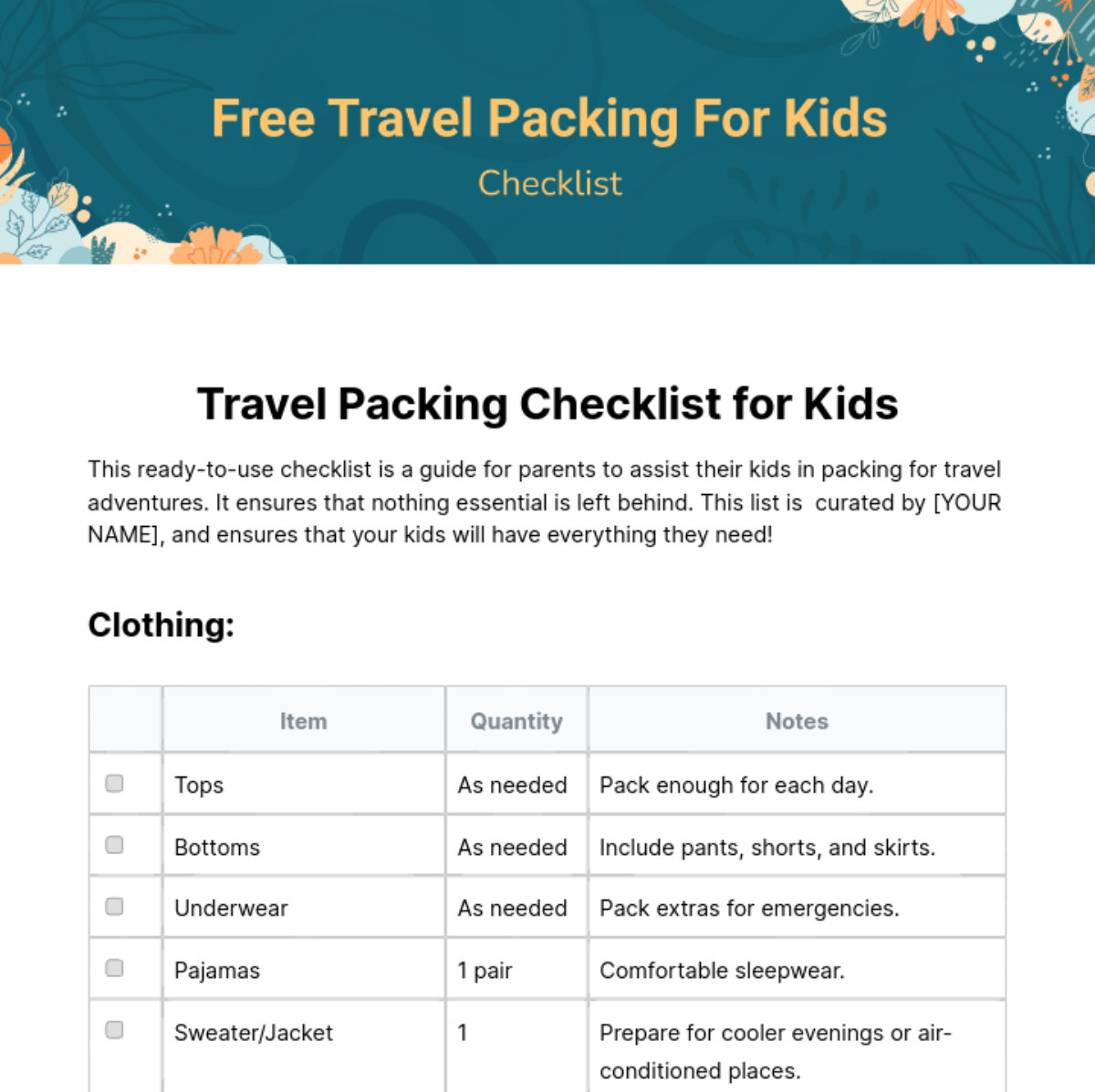 Travel Packing Checklist Template For Kids