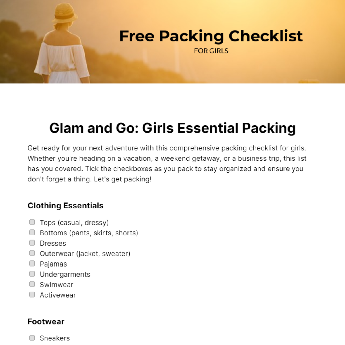 Packing Checklist Template For Girls