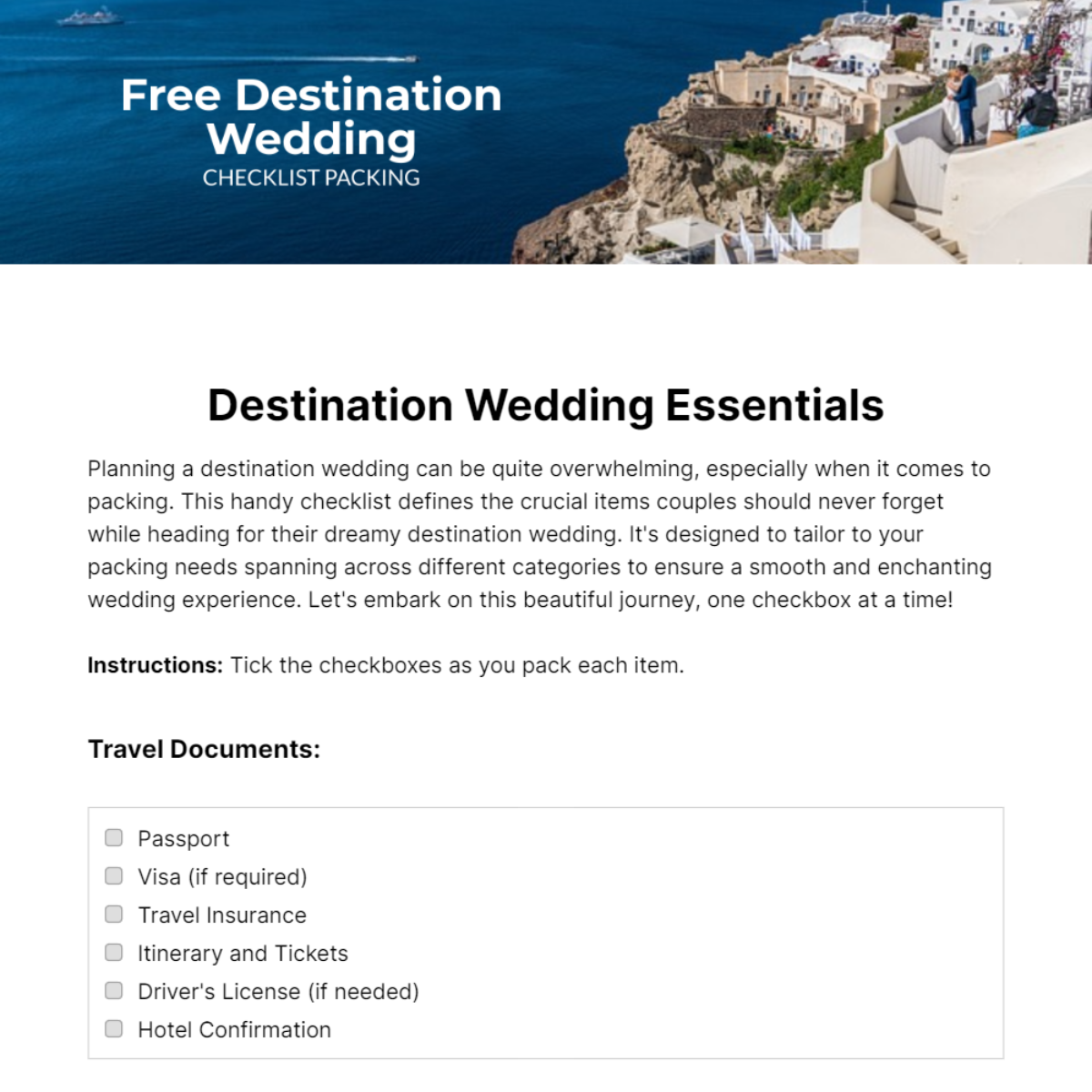 Destination Wedding Checklist Template Packing