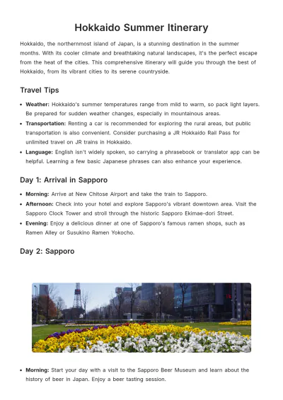 Free Hokkaido Summer Itinerary Template to Edit Online