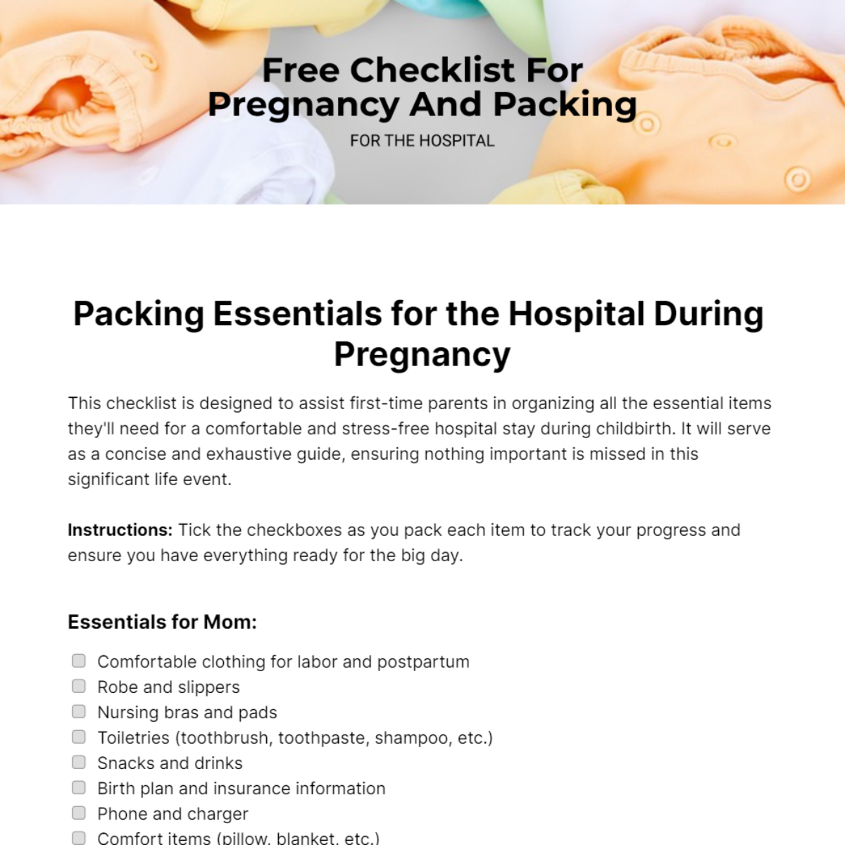 Checklist Template For Pregnancy And Packing For The Hospital