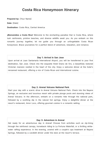 Free Costa Rica Honeymoon Itinerary Template to Edit Online