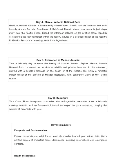 Free Costa Rica Honeymoon Itinerary Template to Edit Online