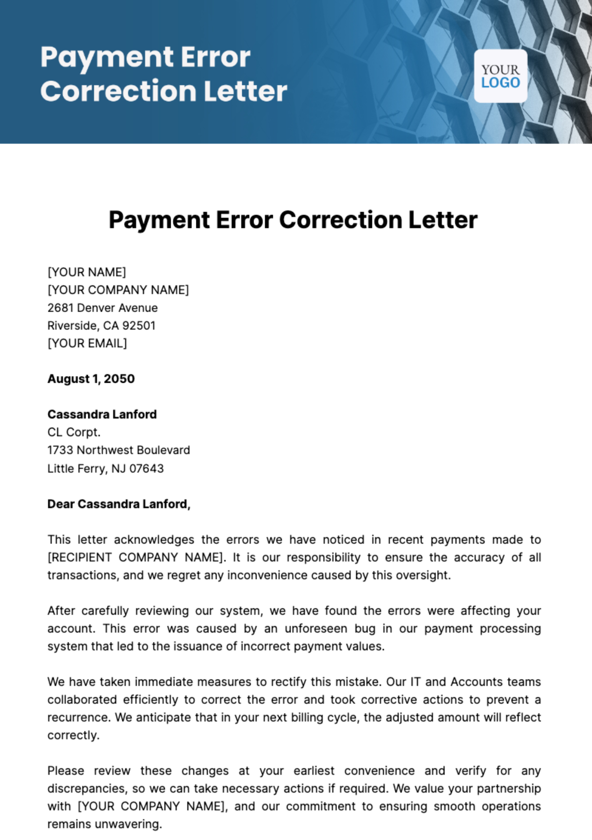 Payment Error Correction Letter Template