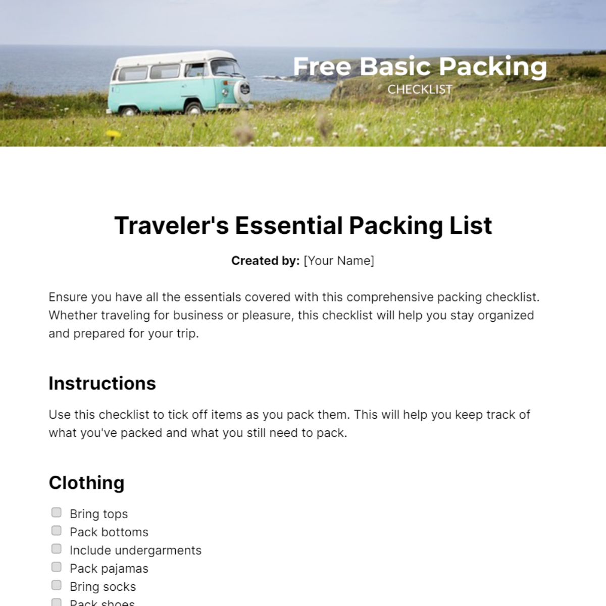 Basic Packing Checklist Template