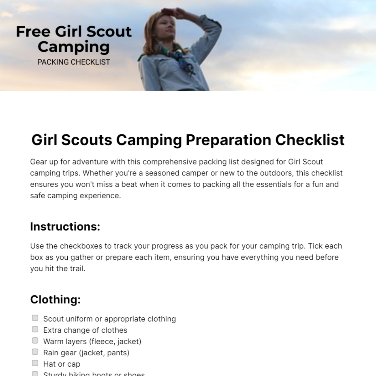 Girl Scout Camping Packing Checklist Template