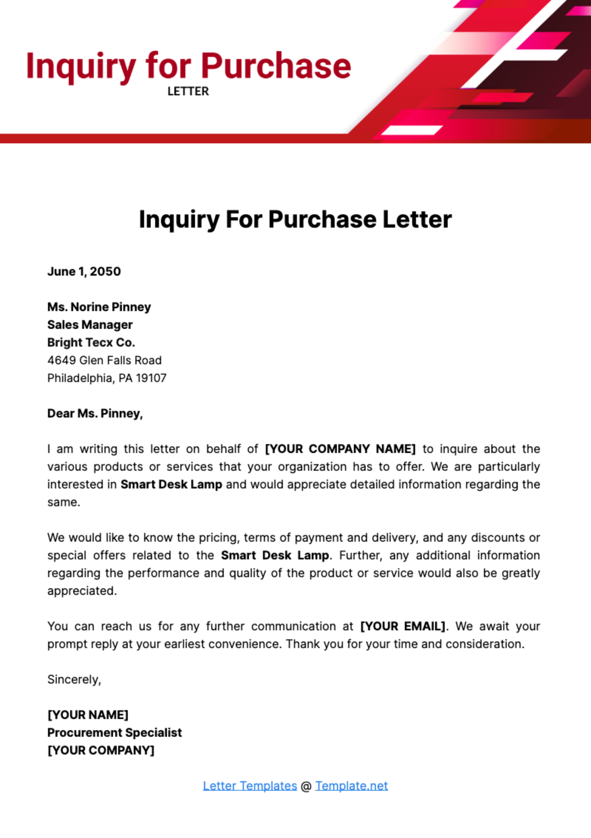 Inquiry for Purchase Letter Template