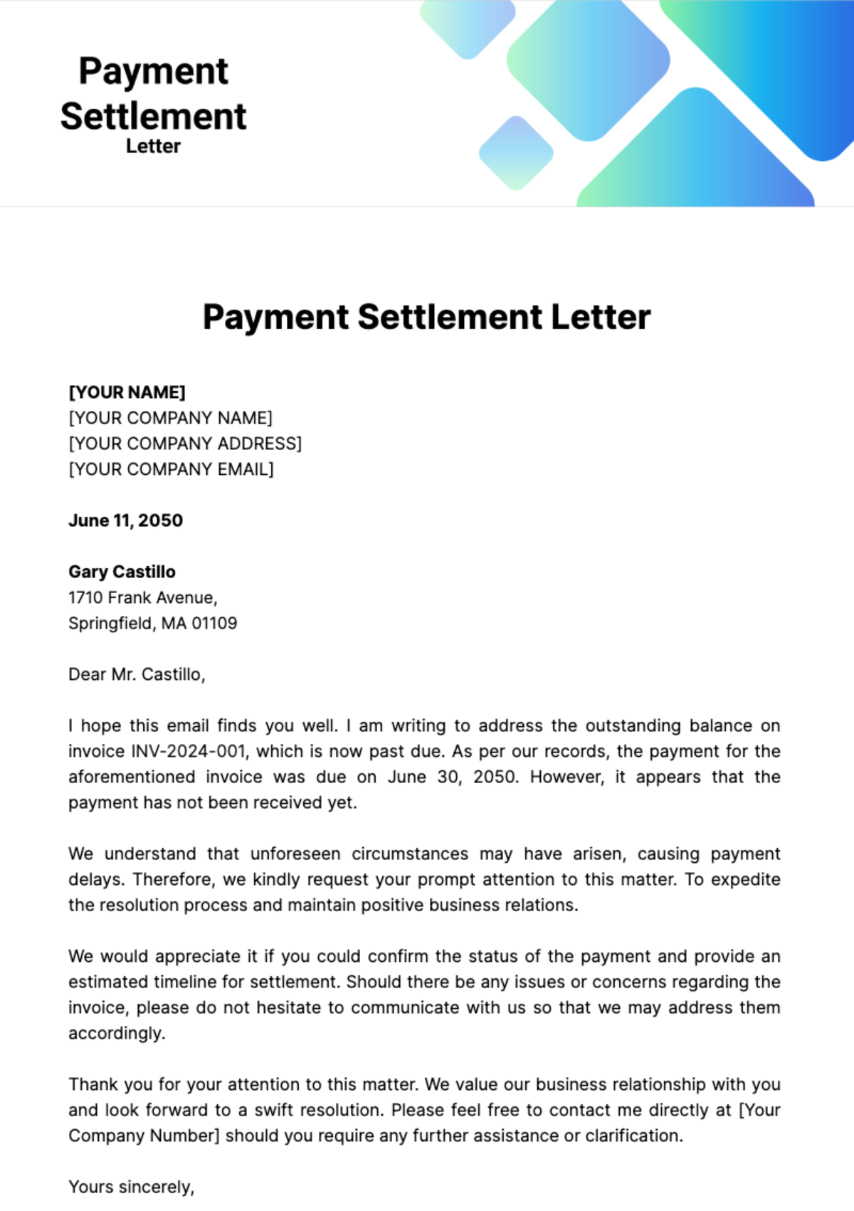 Payment Settlement Letter Template