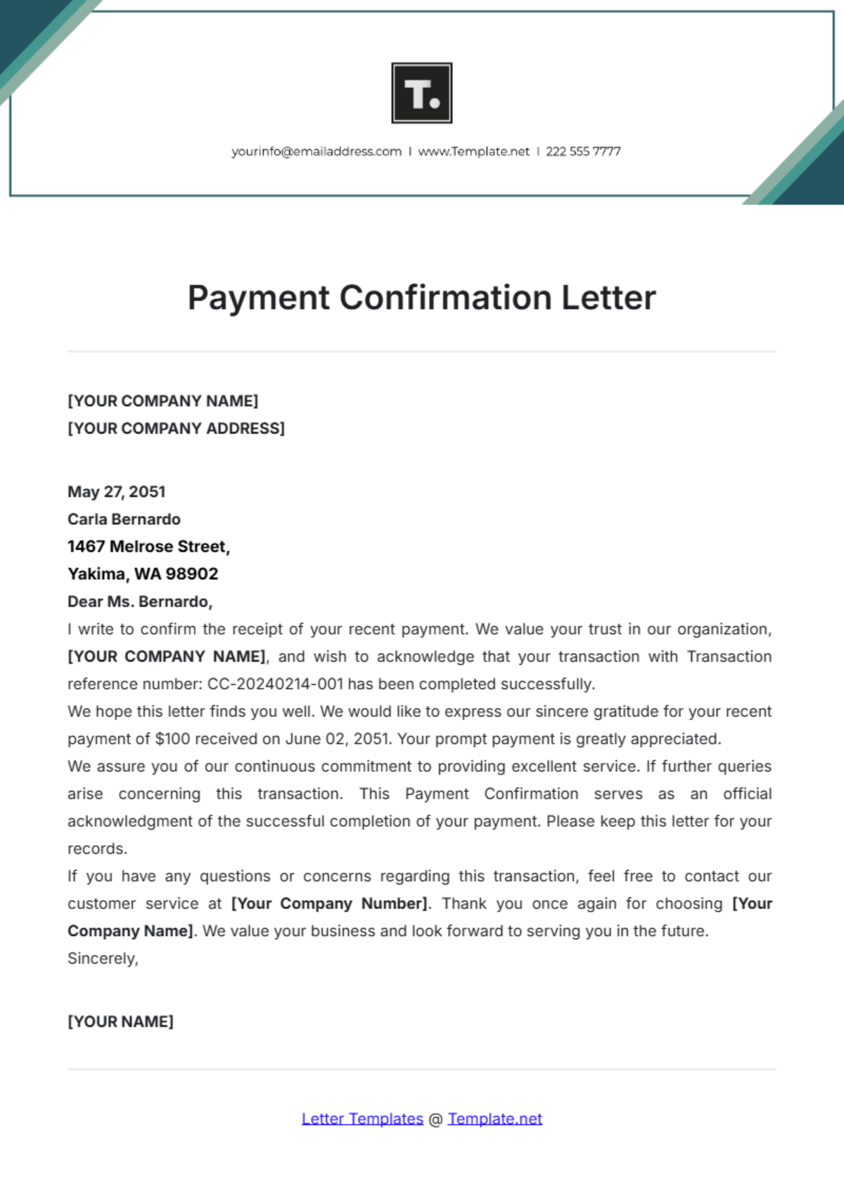 Free Payment Confirmation Letter Template - Edit Online & Download ...