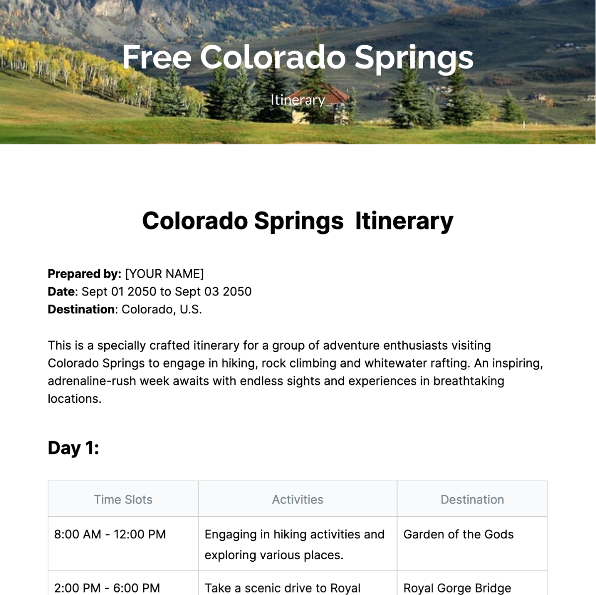 Colorado Springs Itinerary Template - Edit Online & Download