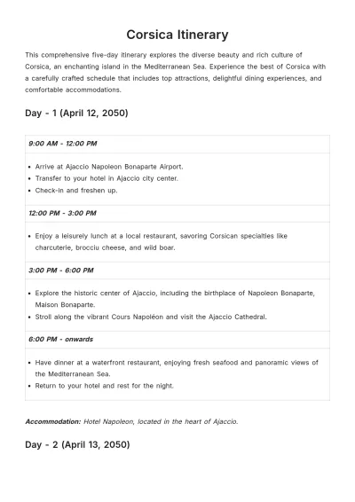 Free Corsica Itinerary Template to Edit Online