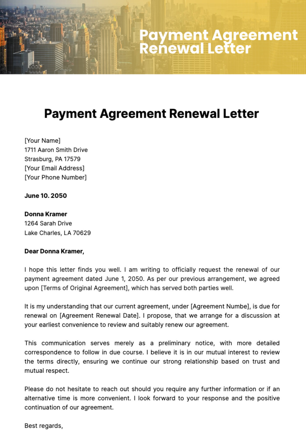 Payment Agreement Renewal Letter Template