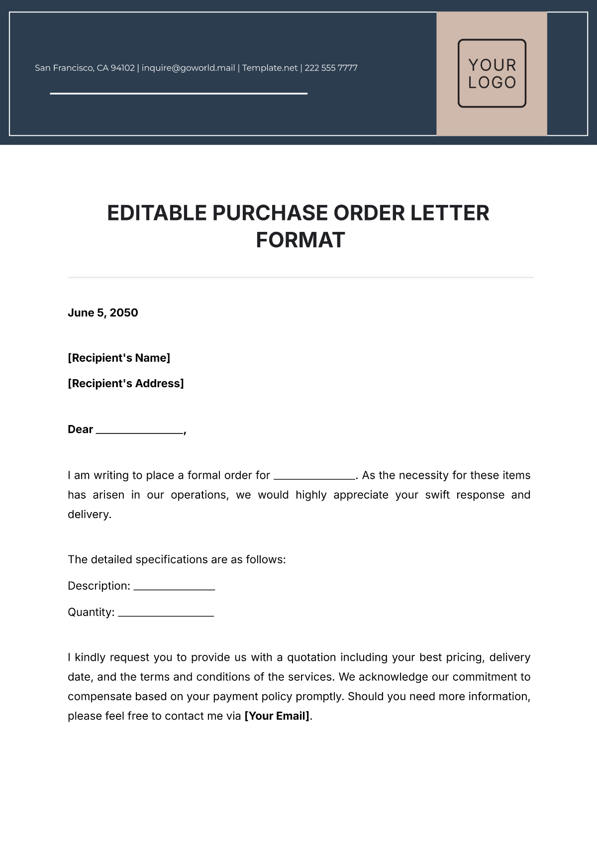 Editable Purchase Order Letter Format Template - Edit Online & Download