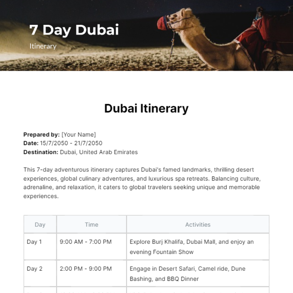 7 Day Dubai Itinerary Template - Edit Online & Download Example ...