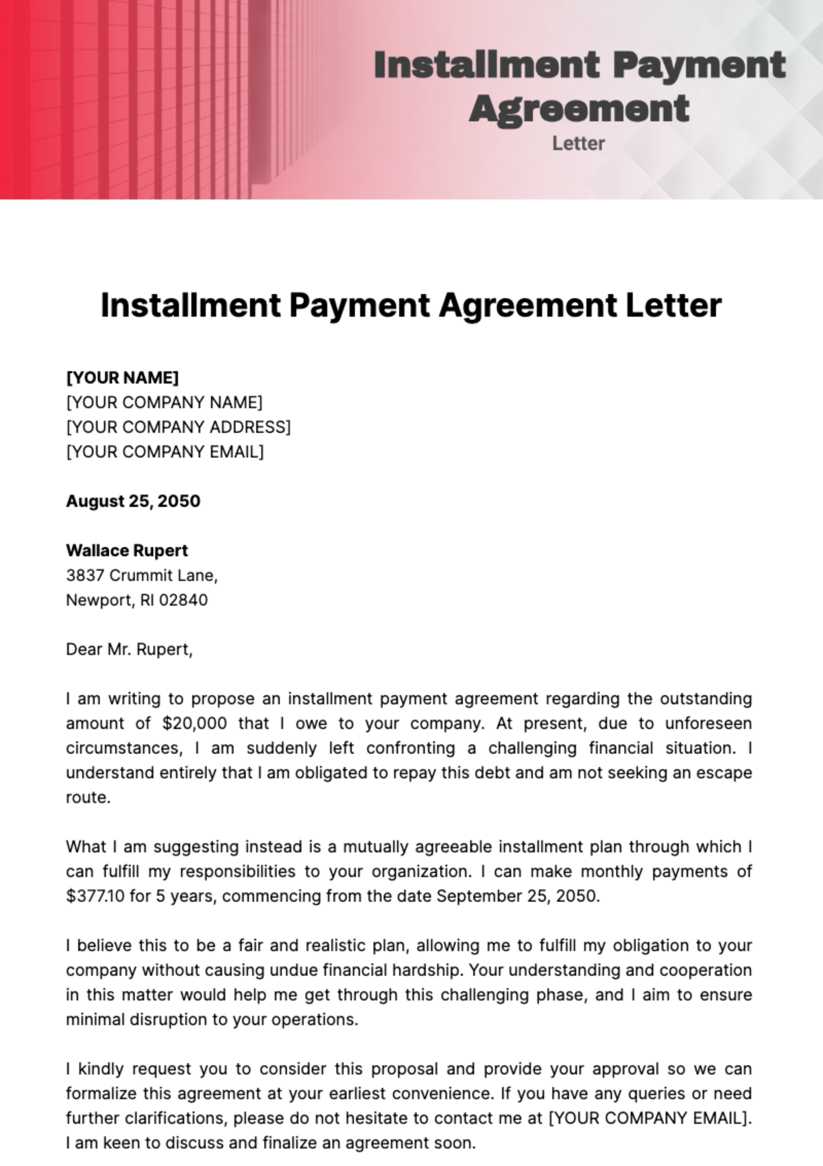 Installment Payment Agreement Letter Template