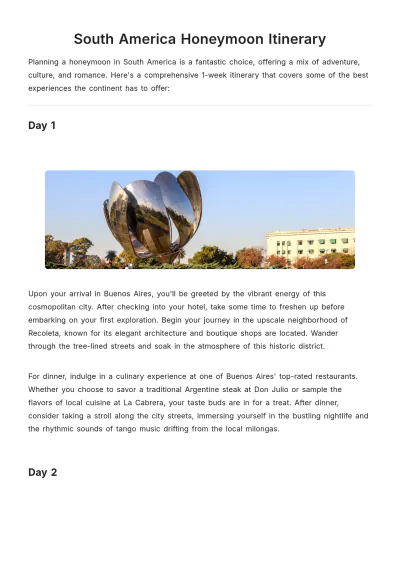 Free South America Honeymoon Itinerary Template to Edit Online