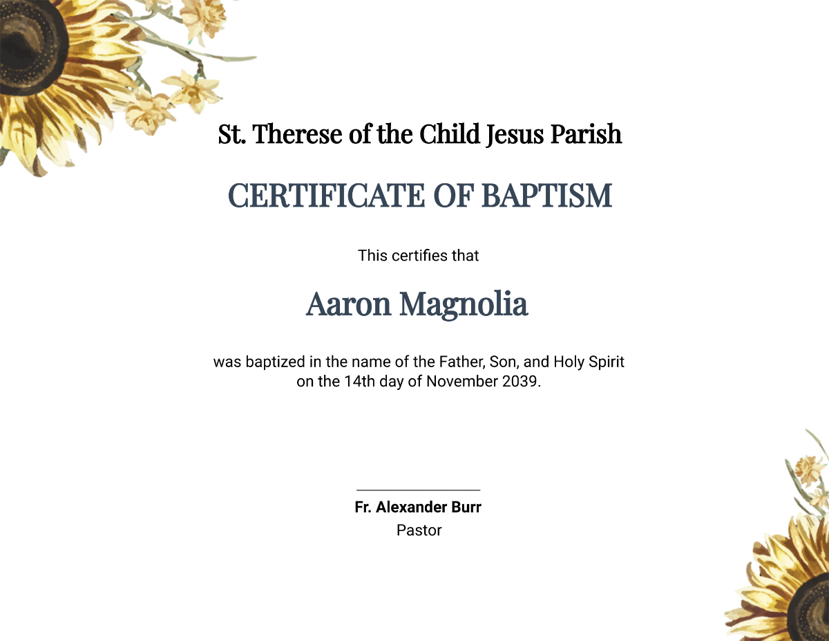 Sunflower Baptism Certificate Template