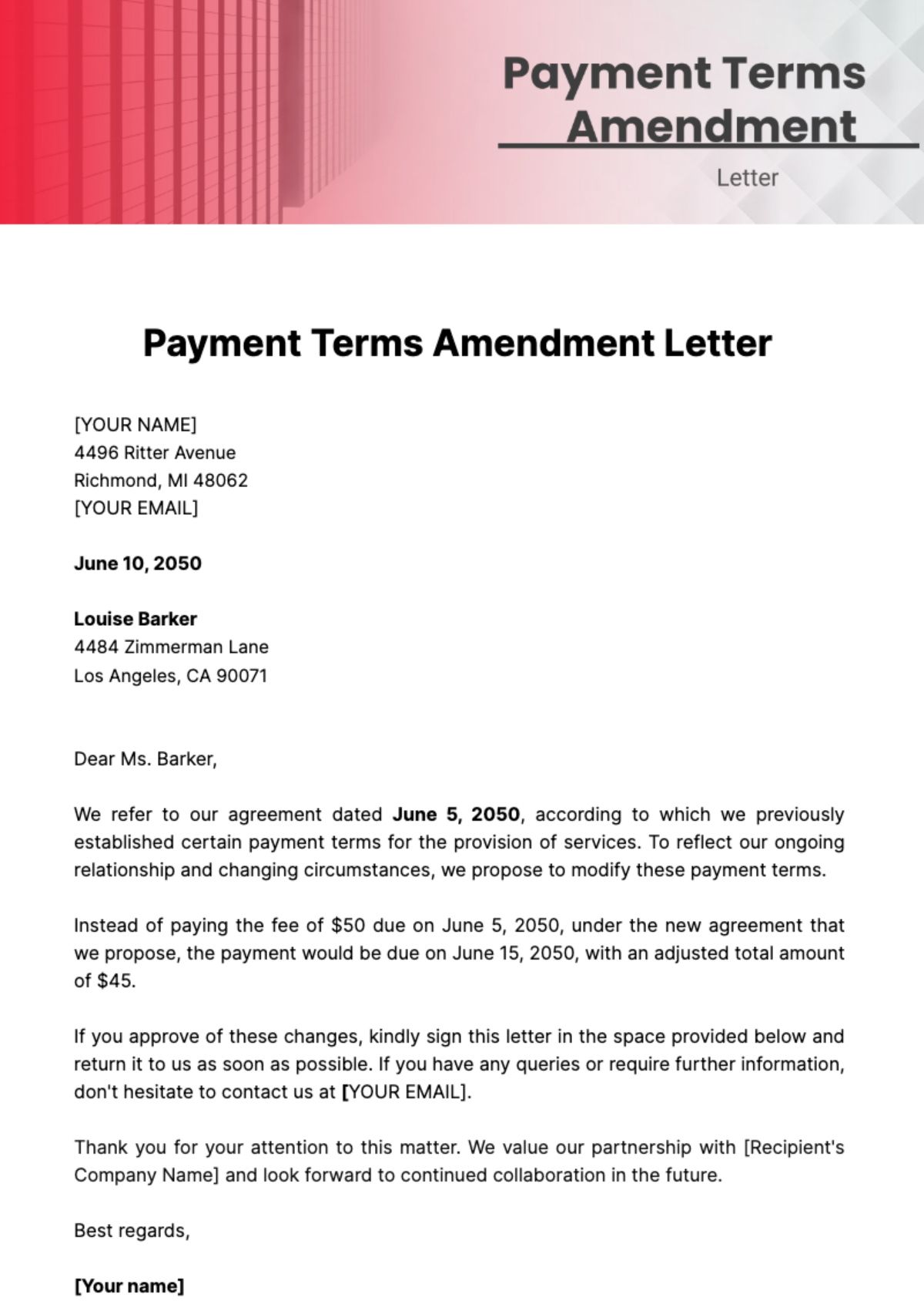 Payment Terms Amendment Letter Template