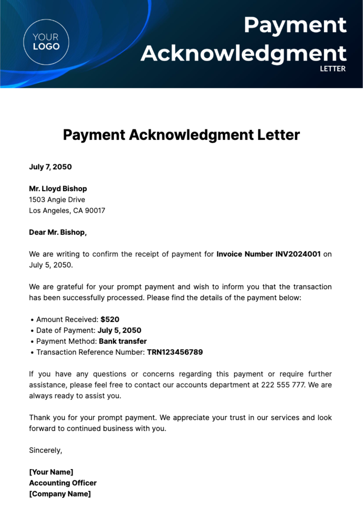 Payment Acknowledgment Letter Template