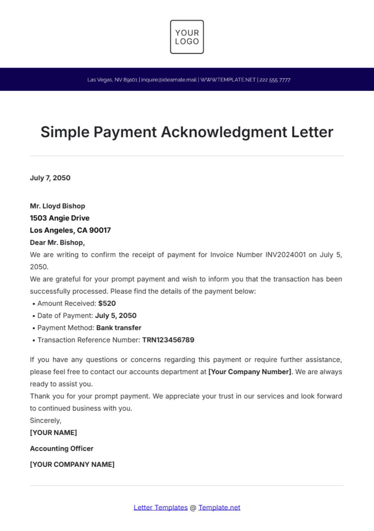 Simple Payment Acknowledgment Letter Template - Edit Online & Download