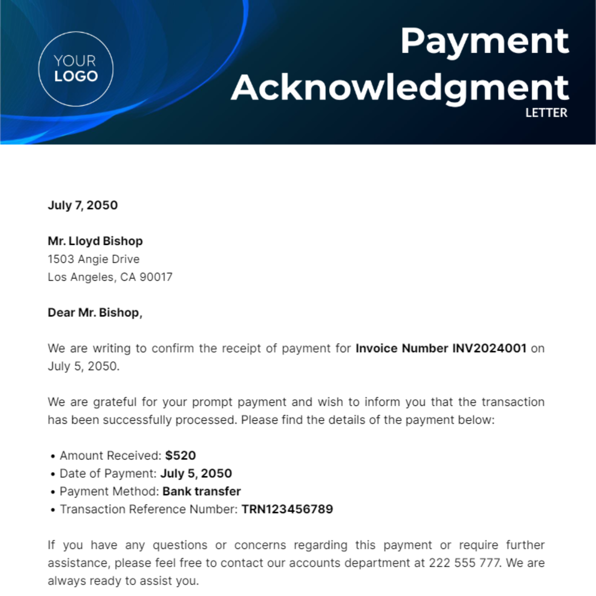 Payment Acknowledgment Letter Template