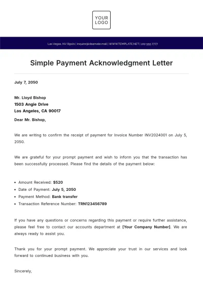 Free Simple Payment Acknowledgment Letter Template to Edit Online