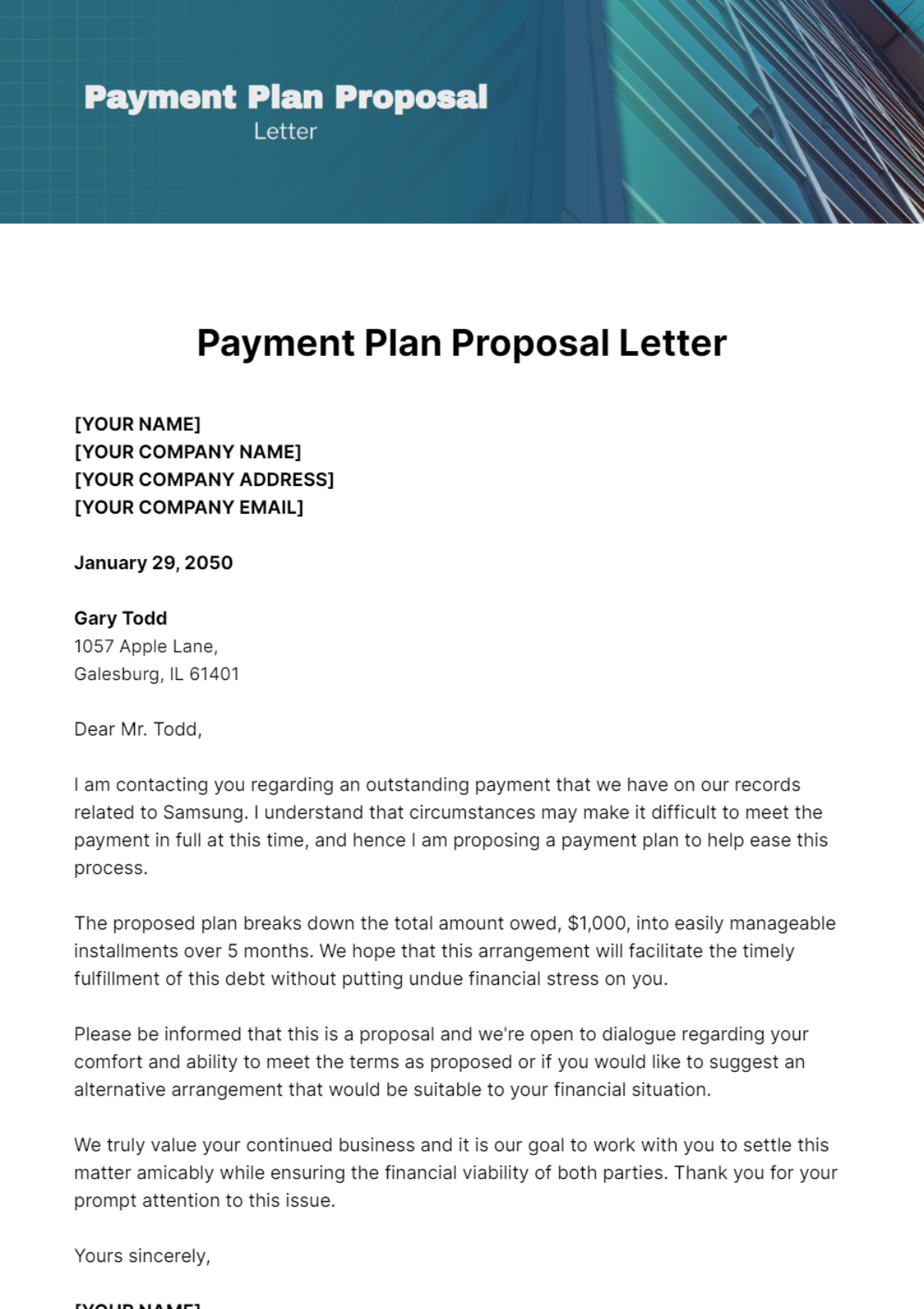 Free Payment Plan Proposal Letter Template To Edit Online