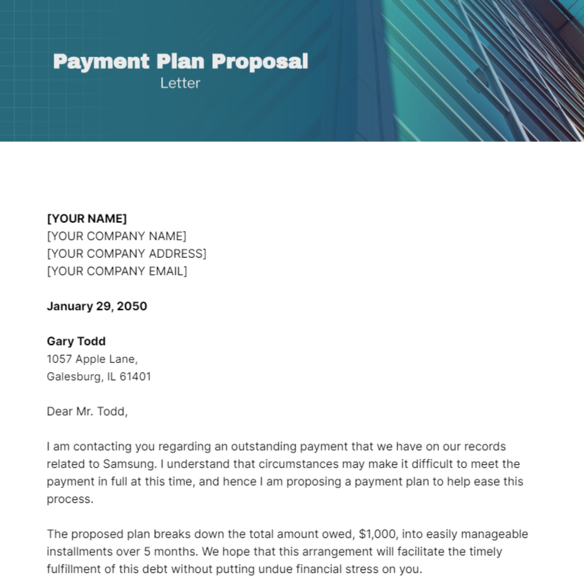Payment Plan Proposal Letter Template