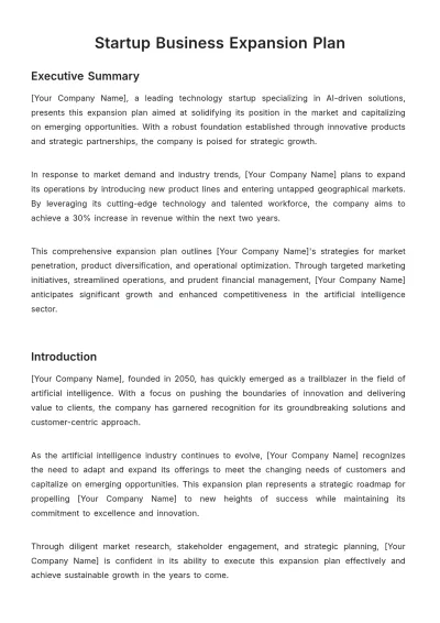 Free Startup Business Expansion Plan Template to Edit Online