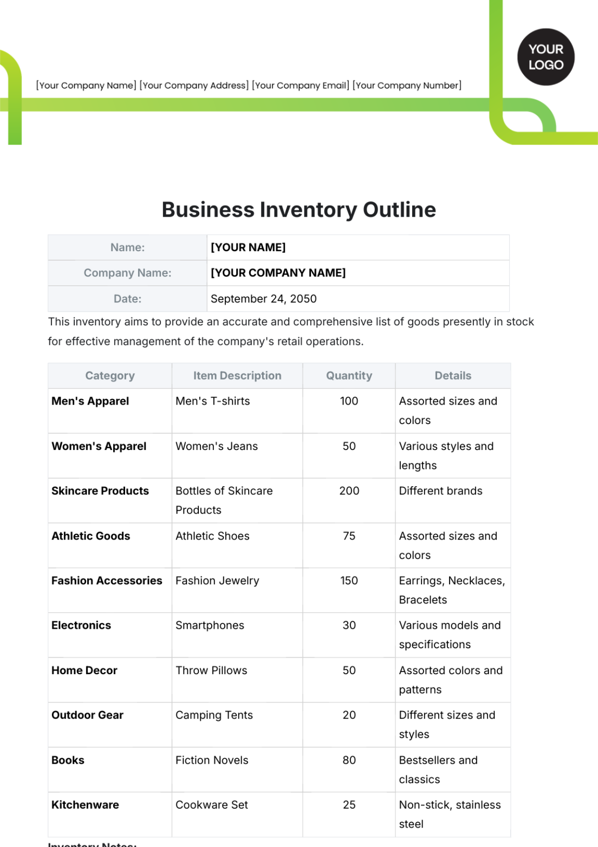 Business Inventory Outline Template