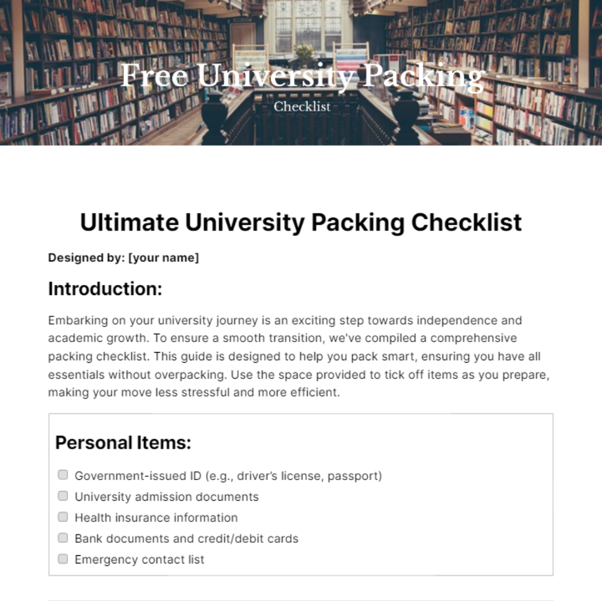 University Packing Checklist Template