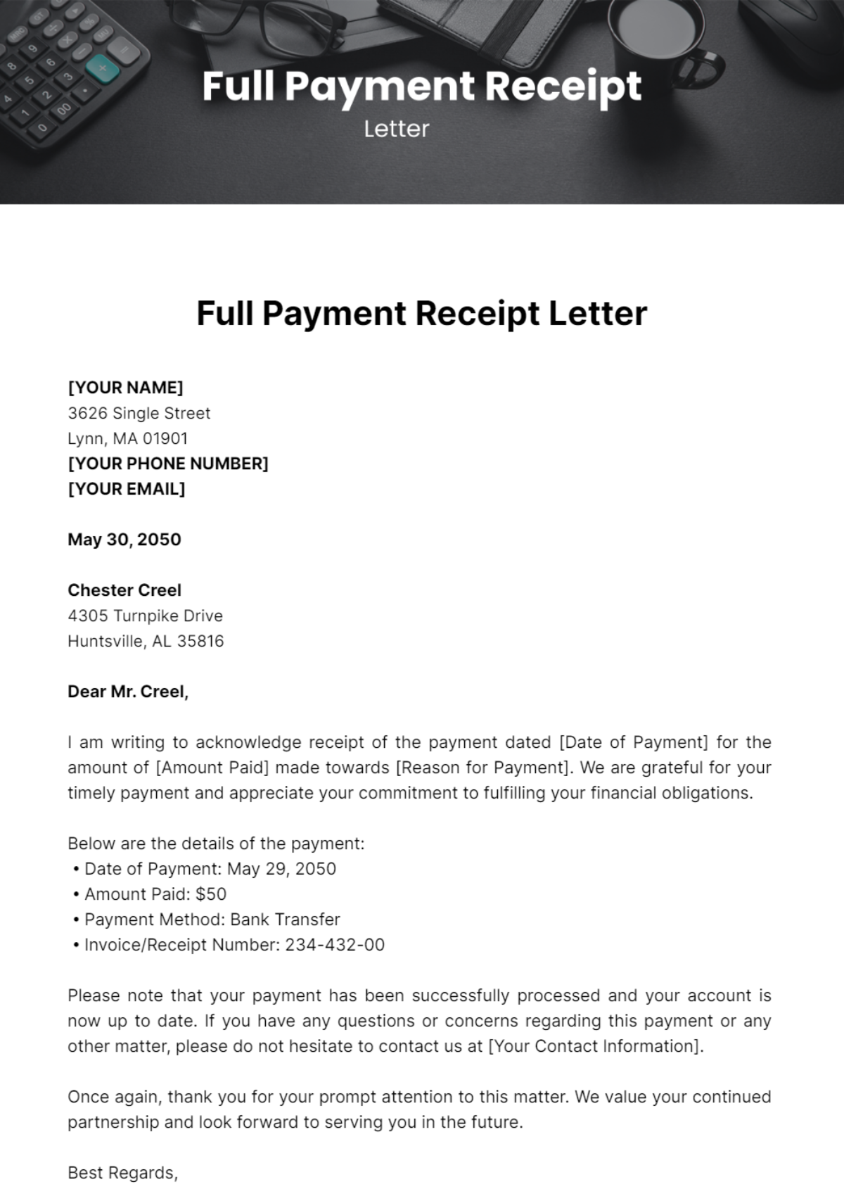 Full Payment Receipt Letter Template - Edit Online & Download